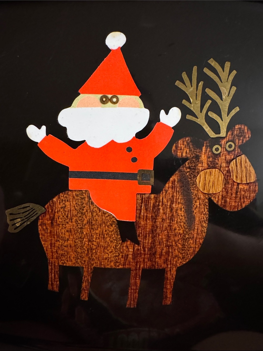 MCM Couroc Holiday Serving Tray with Santa and Reindeer Design - Black